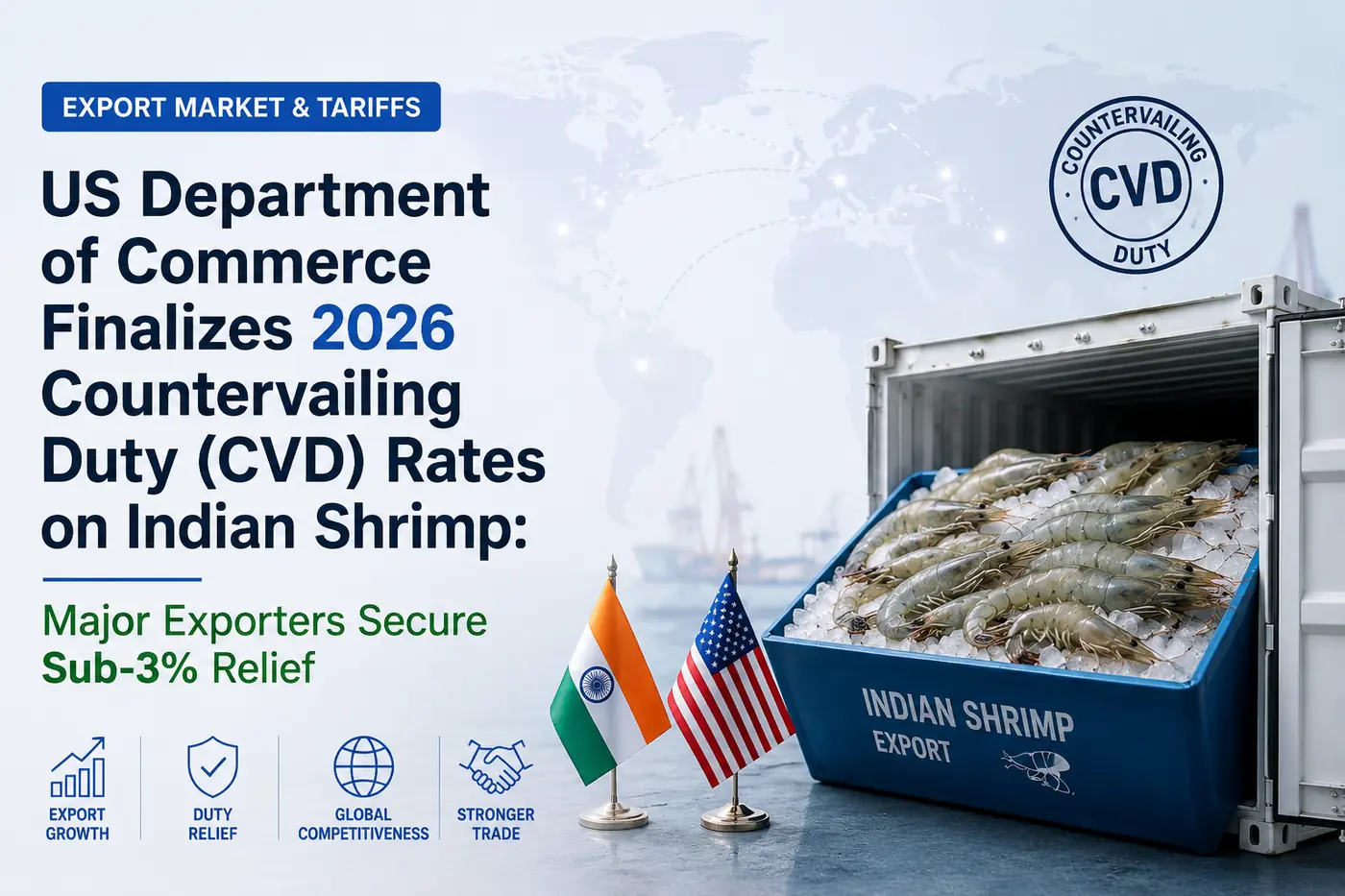 US Department of Commerce Finalizes 2026 Countervailing Duty (CVD) Rates on Indian Shrimp: Major Exporters Secure Sub-3% Relief